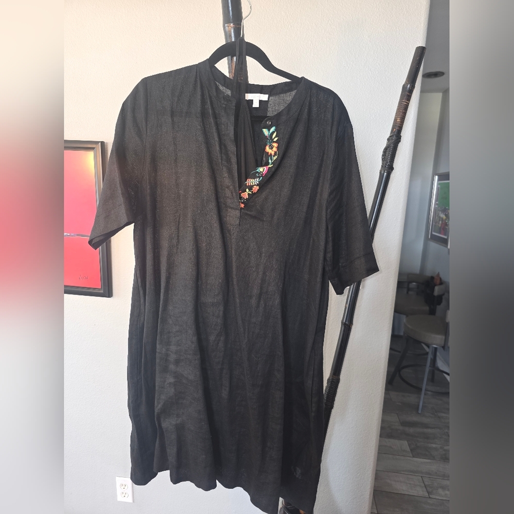 Johnny Was Black Mini Dress with Colorful Embroidery
